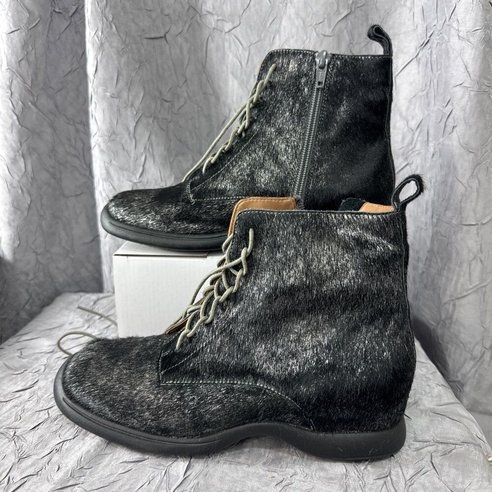L'AMOUR DES PIEDS Adelvina Calf‎ Hair Ankle Boot Lace Up Zip Black Leather sz 6